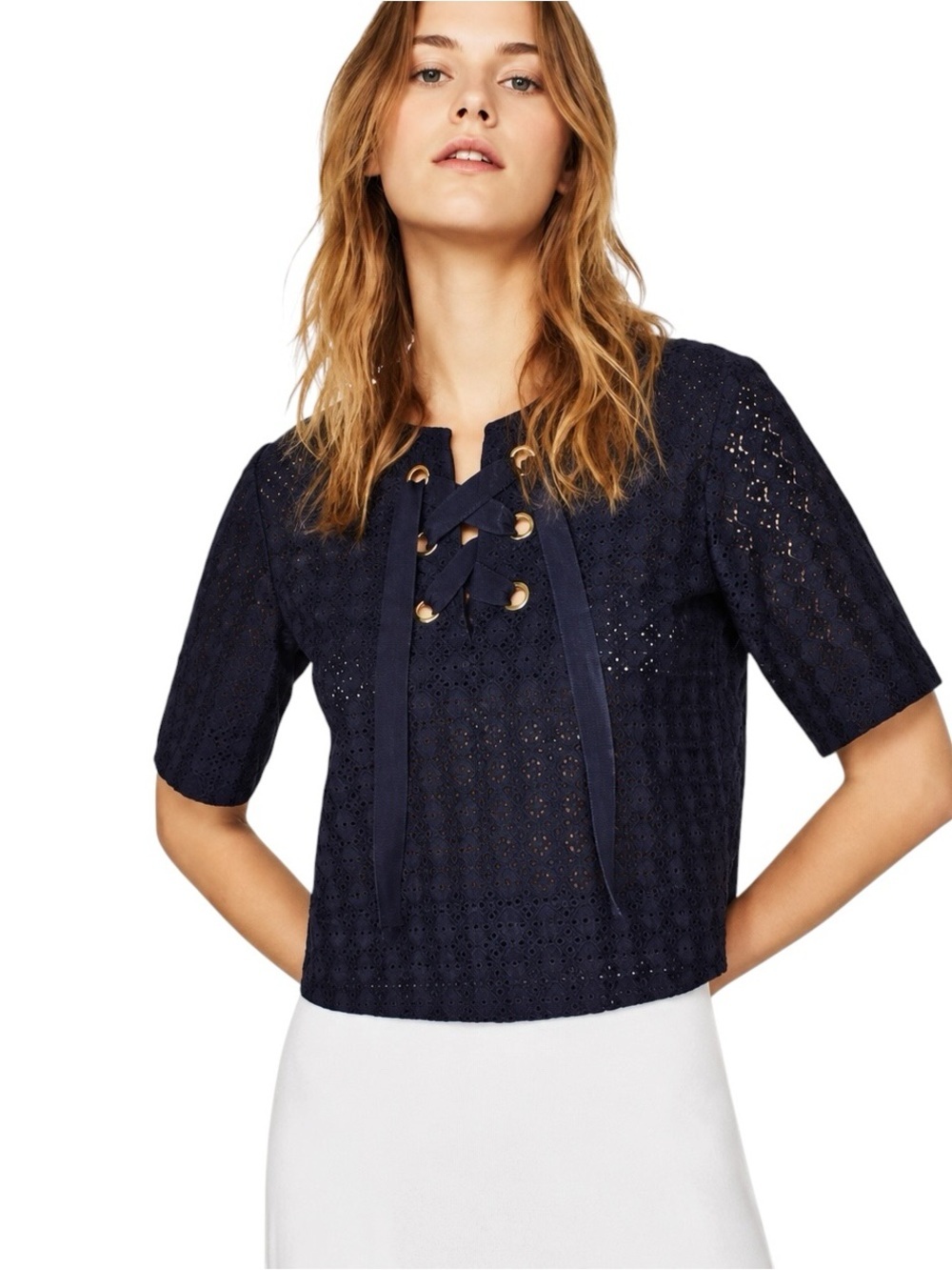 Zara Cotton Eyelet Lace Grommet Tie Top in Navy Size XS